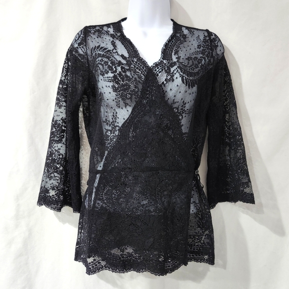 New York & Company Womens Wrap Top Size S Black Lace Sheer Coquette Whimsigoth - Picture 1 of 7
